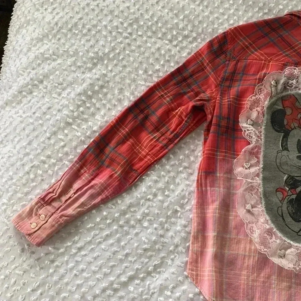 Jcrew Up Cycled Women Handmade Bleach Disney Minnie Mouse Flannel Sz 12 - Picture 6 of 11